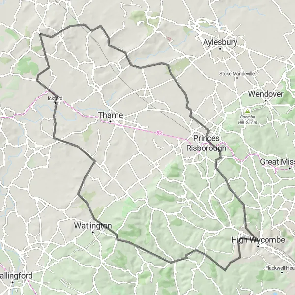 Map miniature of "Chiltern Hills Loop" cycling inspiration in Berkshire, Buckinghamshire and Oxfordshire, United Kingdom. Generated by Tarmacs.app cycling route planner