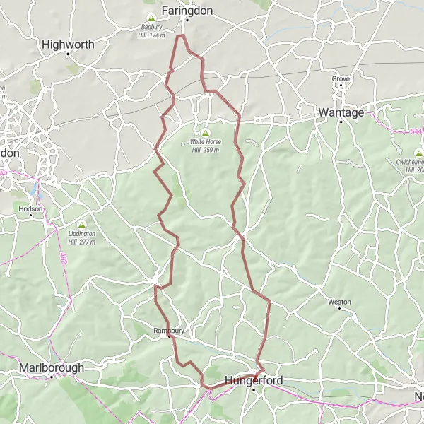 Map miniature of "The Ridgeway Explorer" cycling inspiration in Berkshire, Buckinghamshire and Oxfordshire, United Kingdom. Generated by Tarmacs.app cycling route planner