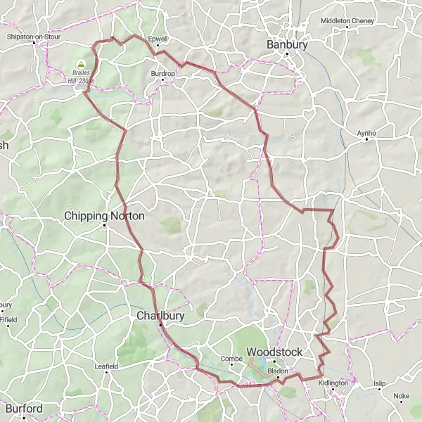 Map miniature of "Gravel Adventure: Kidlington to Shipton-on-Cherwell" cycling inspiration in Berkshire, Buckinghamshire and Oxfordshire, United Kingdom. Generated by Tarmacs.app cycling route planner
