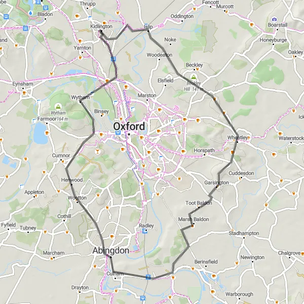 Map miniature of "Kidlington to Abingdon Loop" cycling inspiration in Berkshire, Buckinghamshire and Oxfordshire, United Kingdom. Generated by Tarmacs.app cycling route planner