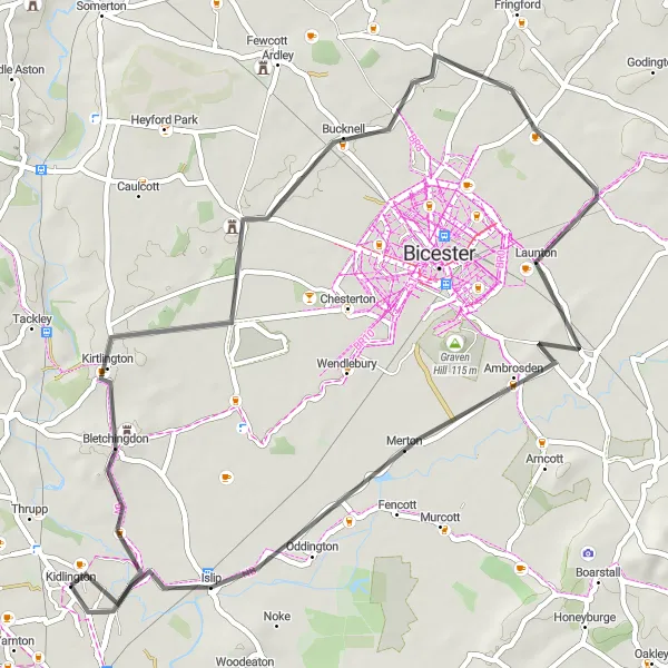 Map miniature of "Bletchingdon and Launton Loop" cycling inspiration in Berkshire, Buckinghamshire and Oxfordshire, United Kingdom. Generated by Tarmacs.app cycling route planner