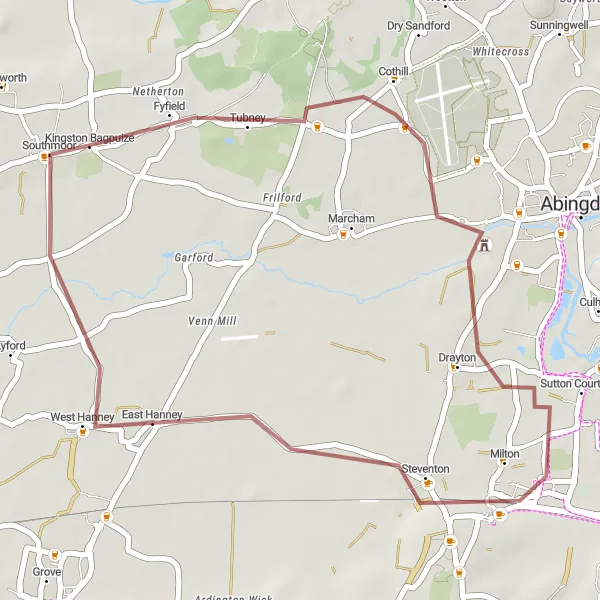 Map miniature of "Sutton Courtenay to Kingston Bagpuize Gravel Loop" cycling inspiration in Berkshire, Buckinghamshire and Oxfordshire, United Kingdom. Generated by Tarmacs.app cycling route planner