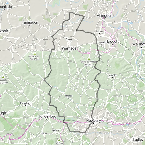 Map miniature of "East Hanney to Kingston Bagpuize Road Adventure" cycling inspiration in Berkshire, Buckinghamshire and Oxfordshire, United Kingdom. Generated by Tarmacs.app cycling route planner