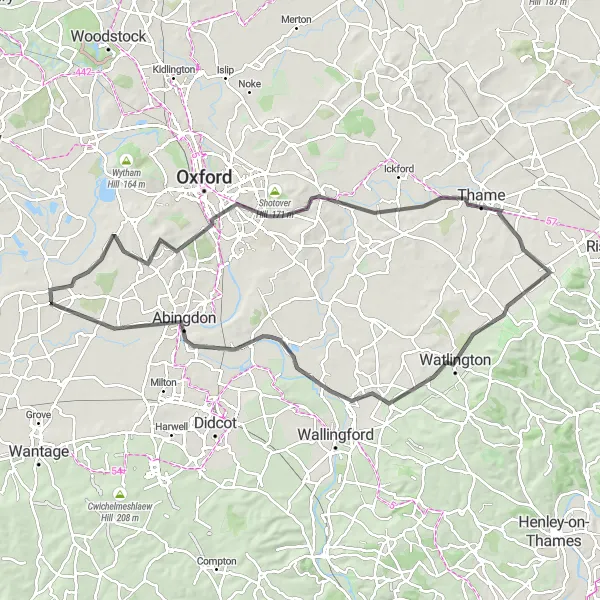 Map miniature of "Kingston Bagpuize Circuit via Thame and Dorchester On Thames" cycling inspiration in Berkshire, Buckinghamshire and Oxfordshire, United Kingdom. Generated by Tarmacs.app cycling route planner