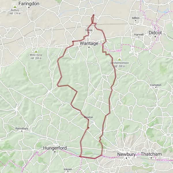 Map miniature of "Garston Gravel Adventure" cycling inspiration in Berkshire, Buckinghamshire and Oxfordshire, United Kingdom. Generated by Tarmacs.app cycling route planner