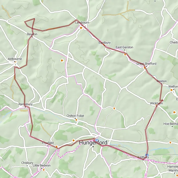 Map miniature of "The Kintbury Explorer" cycling inspiration in Berkshire, Buckinghamshire and Oxfordshire, United Kingdom. Generated by Tarmacs.app cycling route planner