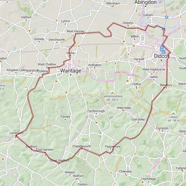 Map miniature of "South Oxfordshire Gravel Adventure" cycling inspiration in Berkshire, Buckinghamshire and Oxfordshire, United Kingdom. Generated by Tarmacs.app cycling route planner