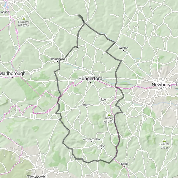 Map miniature of "The Lambourn Road Challenge" cycling inspiration in Berkshire, Buckinghamshire and Oxfordshire, United Kingdom. Generated by Tarmacs.app cycling route planner