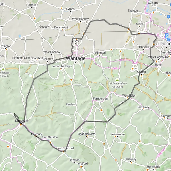 Map miniature of "East Challow Road Route" cycling inspiration in Berkshire, Buckinghamshire and Oxfordshire, United Kingdom. Generated by Tarmacs.app cycling route planner