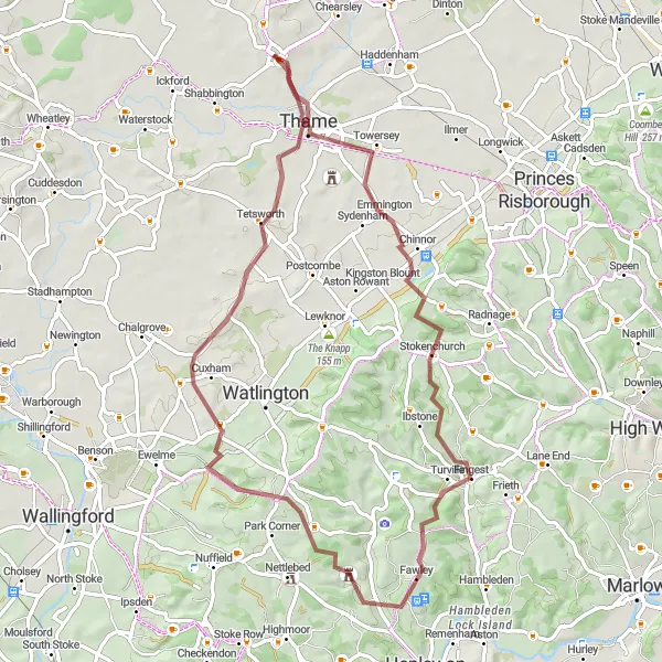 Map miniature of "The Hilly Gravel Adventure" cycling inspiration in Berkshire, Buckinghamshire and Oxfordshire, United Kingdom. Generated by Tarmacs.app cycling route planner