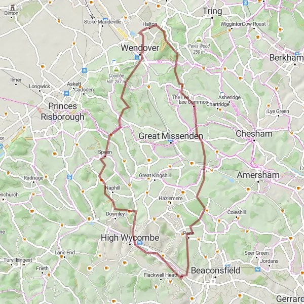 Map miniature of "The Buckinghamshire Gravel Loop" cycling inspiration in Berkshire, Buckinghamshire and Oxfordshire, United Kingdom. Generated by Tarmacs.app cycling route planner