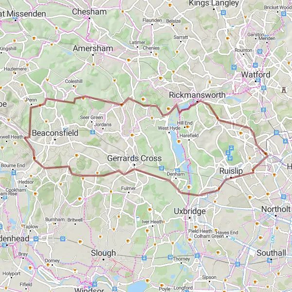 Map miniature of "Chiltern Gravel Challenge" cycling inspiration in Berkshire, Buckinghamshire and Oxfordshire, United Kingdom. Generated by Tarmacs.app cycling route planner