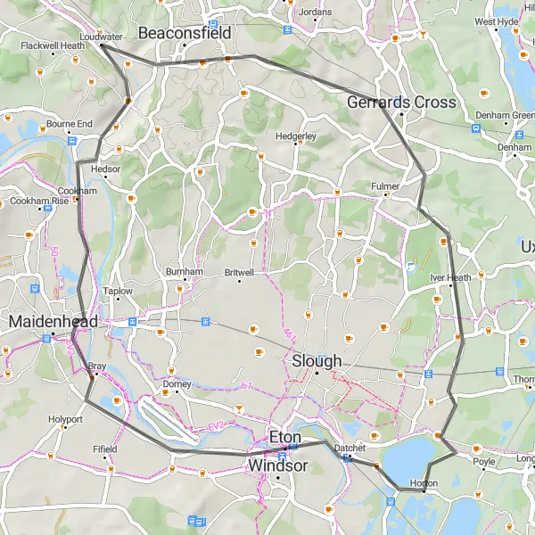 Map miniature of "Buckinghamshire Loop" cycling inspiration in Berkshire, Buckinghamshire and Oxfordshire, United Kingdom. Generated by Tarmacs.app cycling route planner