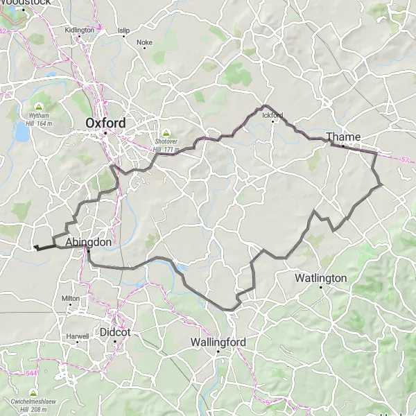 Map miniature of "Marcham and Sunningwell Loop" cycling inspiration in Berkshire, Buckinghamshire and Oxfordshire, United Kingdom. Generated by Tarmacs.app cycling route planner