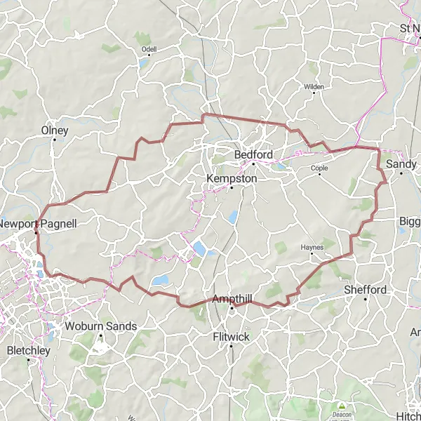 Map miniature of "Adventurous Gravel Route near Newport Pagnell" cycling inspiration in Berkshire, Buckinghamshire and Oxfordshire, United Kingdom. Generated by Tarmacs.app cycling route planner