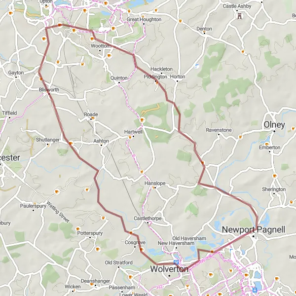 Map miniature of "Gravel Route around Newport Pagnell" cycling inspiration in Berkshire, Buckinghamshire and Oxfordshire, United Kingdom. Generated by Tarmacs.app cycling route planner