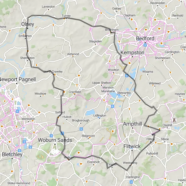 Map miniature of "The Woburn Circuit" cycling inspiration in Berkshire, Buckinghamshire and Oxfordshire, United Kingdom. Generated by Tarmacs.app cycling route planner