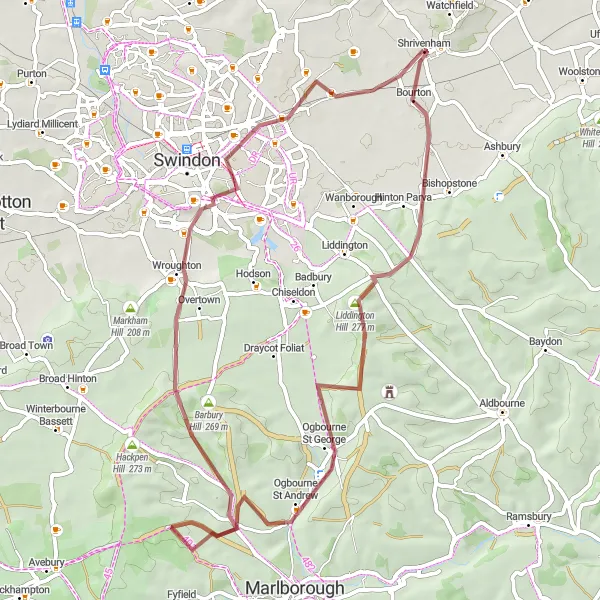 Map miniature of "Wroughton Gravel Loop" cycling inspiration in Berkshire, Buckinghamshire and Oxfordshire, United Kingdom. Generated by Tarmacs.app cycling route planner