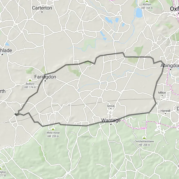 Map miniature of "Shrivenham Long Loop" cycling inspiration in Berkshire, Buckinghamshire and Oxfordshire, United Kingdom. Generated by Tarmacs.app cycling route planner