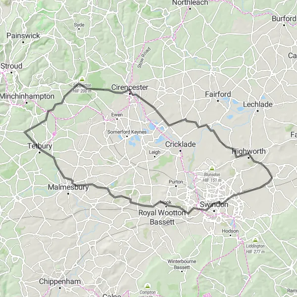 Map miniature of "Swindon Centenary Circuit" cycling inspiration in Berkshire, Buckinghamshire and Oxfordshire, United Kingdom. Generated by Tarmacs.app cycling route planner