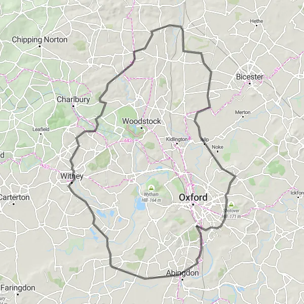 Map miniature of "Oxfordshire Delights" cycling inspiration in Berkshire, Buckinghamshire and Oxfordshire, United Kingdom. Generated by Tarmacs.app cycling route planner