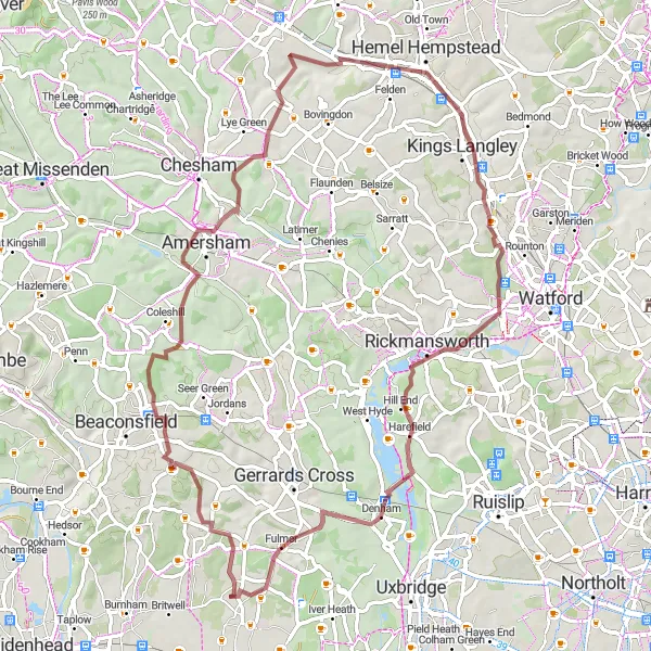 Map miniature of "Stoke Poges to Chesham Bois Gravel Route" cycling inspiration in Berkshire, Buckinghamshire and Oxfordshire, United Kingdom. Generated by Tarmacs.app cycling route planner