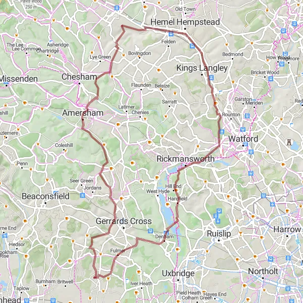 Map miniature of "Stoke Poges to Amersham Gravel Route" cycling inspiration in Berkshire, Buckinghamshire and Oxfordshire, United Kingdom. Generated by Tarmacs.app cycling route planner