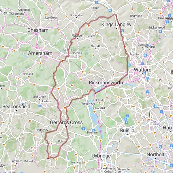 Map miniature of "Stoke Poges to Latimer Gravel Route" cycling inspiration in Berkshire, Buckinghamshire and Oxfordshire, United Kingdom. Generated by Tarmacs.app cycling route planner