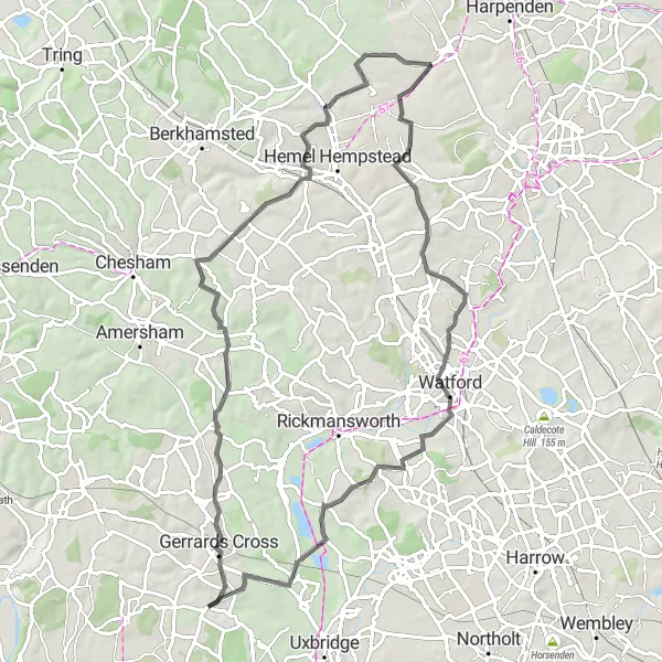 Map miniature of "Gerrards Cross Loop" cycling inspiration in Berkshire, Buckinghamshire and Oxfordshire, United Kingdom. Generated by Tarmacs.app cycling route planner