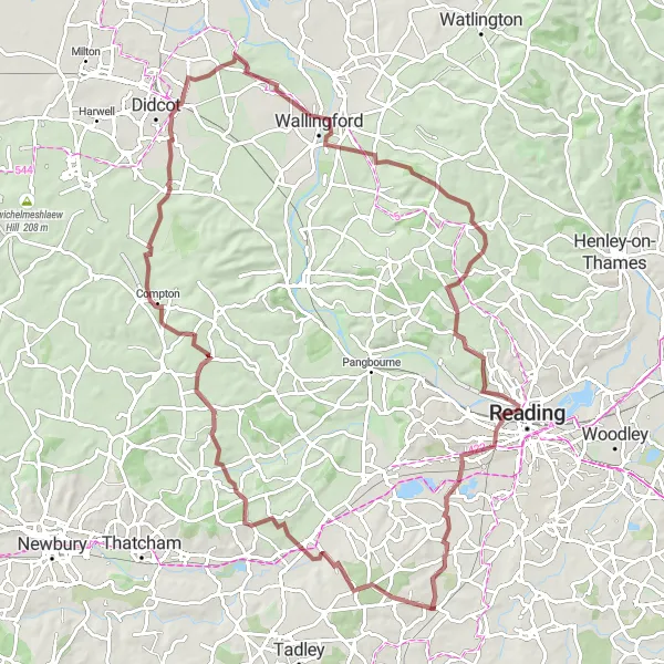 Map miniature of "Gravel Adventure: Aldermaston Wharf to Southcote" cycling inspiration in Berkshire, Buckinghamshire and Oxfordshire, United Kingdom. Generated by Tarmacs.app cycling route planner