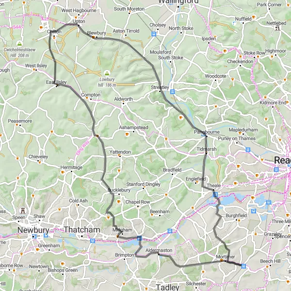 Map miniature of "Woolhampton Loop" cycling inspiration in Berkshire, Buckinghamshire and Oxfordshire, United Kingdom. Generated by Tarmacs.app cycling route planner