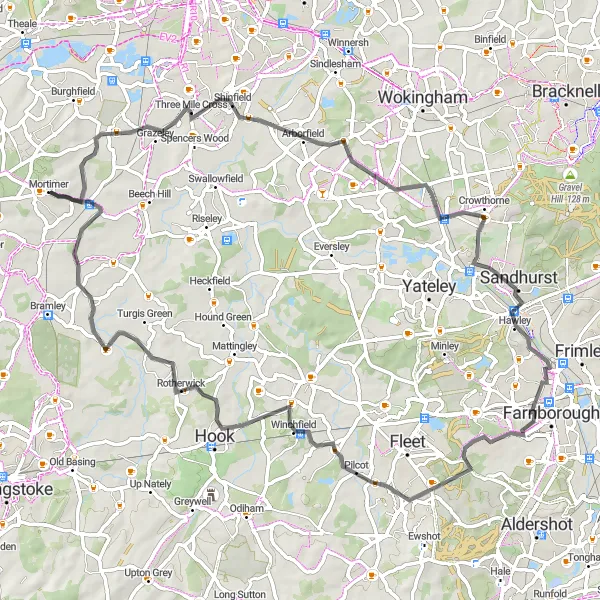 Map miniature of "Three Mile Cross Loop" cycling inspiration in Berkshire, Buckinghamshire and Oxfordshire, United Kingdom. Generated by Tarmacs.app cycling route planner