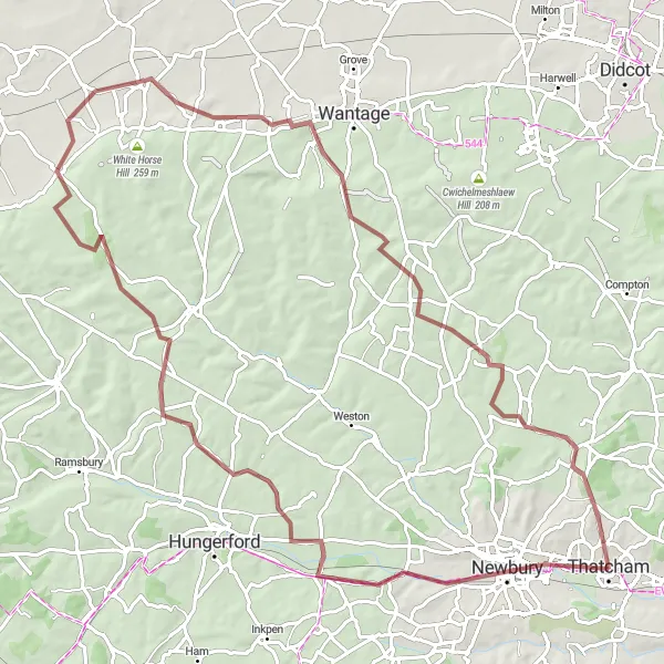 Map miniature of "Scenic Gravel Loop from Thatcham" cycling inspiration in Berkshire, Buckinghamshire and Oxfordshire, United Kingdom. Generated by Tarmacs.app cycling route planner