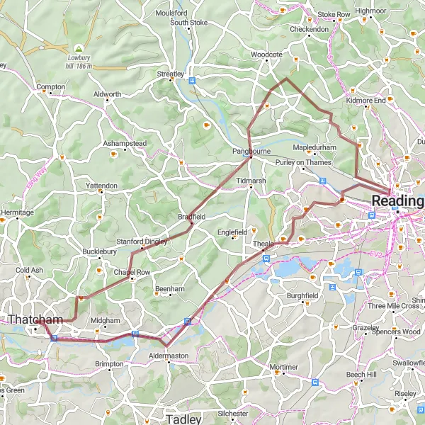 Map miniature of "Exploring Pangbourne and Theale Gravel Route" cycling inspiration in Berkshire, Buckinghamshire and Oxfordshire, United Kingdom. Generated by Tarmacs.app cycling route planner