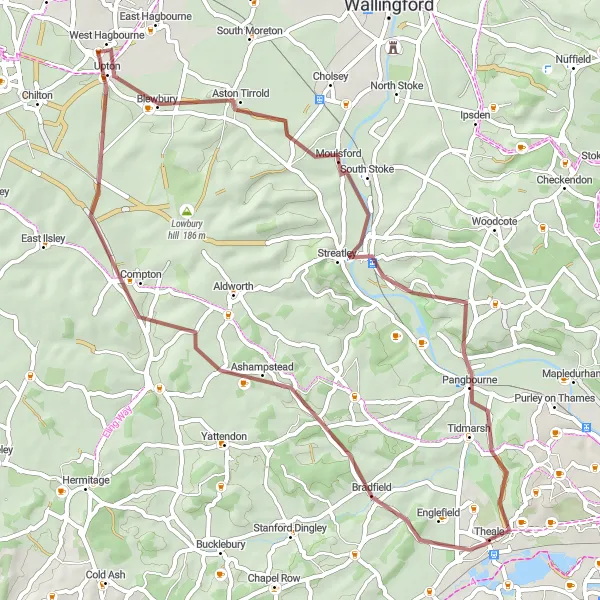 Map miniature of "Theale Gravelscape" cycling inspiration in Berkshire, Buckinghamshire and Oxfordshire, United Kingdom. Generated by Tarmacs.app cycling route planner
