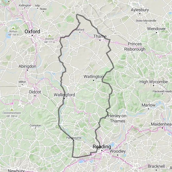 Map miniature of "Theale to Long Crendon Loop" cycling inspiration in Berkshire, Buckinghamshire and Oxfordshire, United Kingdom. Generated by Tarmacs.app cycling route planner