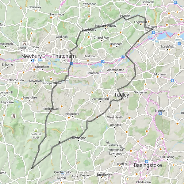 Map miniature of "Theale to Watership Down Loop" cycling inspiration in Berkshire, Buckinghamshire and Oxfordshire, United Kingdom. Generated by Tarmacs.app cycling route planner