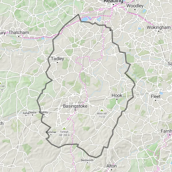 Map miniature of "The Four Counties Challenge" cycling inspiration in Berkshire, Buckinghamshire and Oxfordshire, United Kingdom. Generated by Tarmacs.app cycling route planner