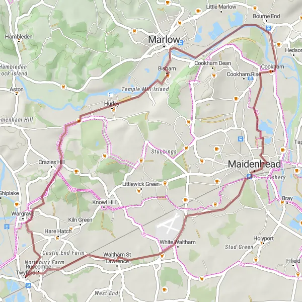 Map miniature of "The Riverside Adventure" cycling inspiration in Berkshire, Buckinghamshire and Oxfordshire, United Kingdom. Generated by Tarmacs.app cycling route planner