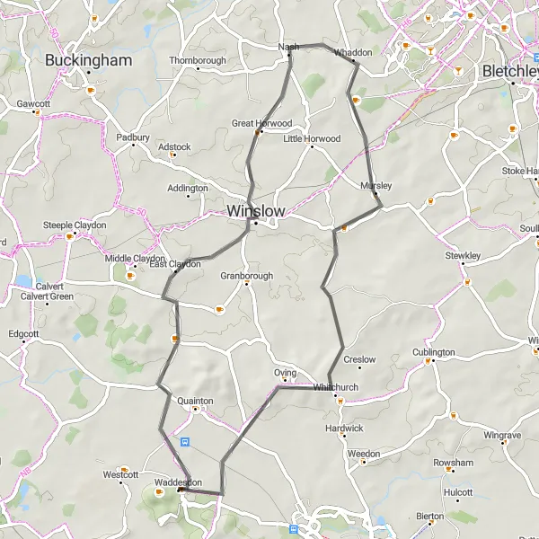 Map miniature of "East Claydon Circuit" cycling inspiration in Berkshire, Buckinghamshire and Oxfordshire, United Kingdom. Generated by Tarmacs.app cycling route planner