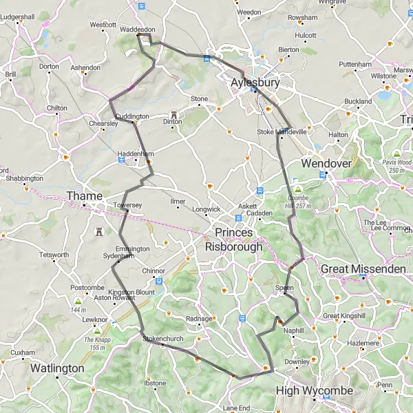 Map miniature of "Aylesbury Adventure" cycling inspiration in Berkshire, Buckinghamshire and Oxfordshire, United Kingdom. Generated by Tarmacs.app cycling route planner