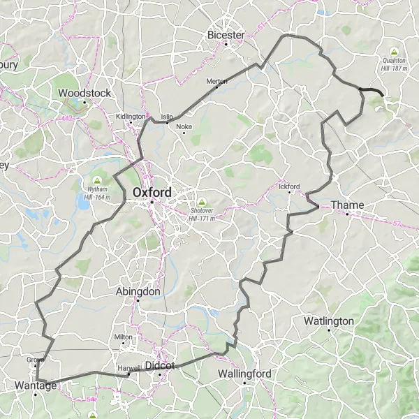 Map miniature of "Wotton Underwood Loop" cycling inspiration in Berkshire, Buckinghamshire and Oxfordshire, United Kingdom. Generated by Tarmacs.app cycling route planner