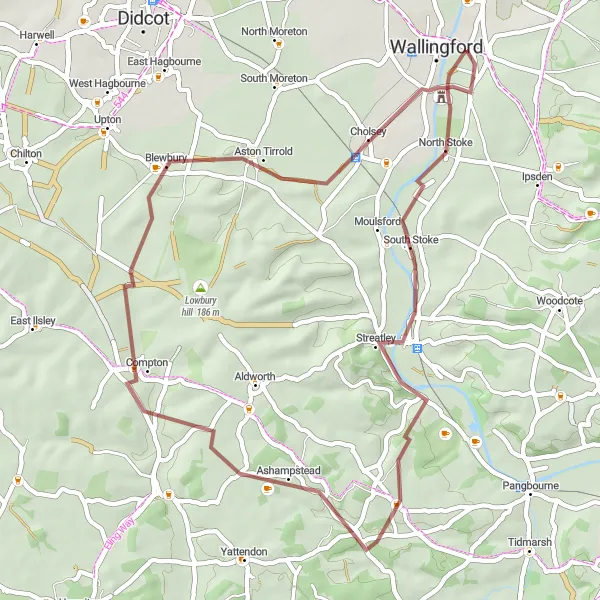Map miniature of "Thames Valley Gravel" cycling inspiration in Berkshire, Buckinghamshire and Oxfordshire, United Kingdom. Generated by Tarmacs.app cycling route planner