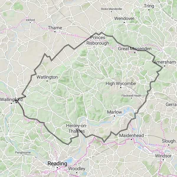 Map miniature of "Henley-on-Thames and Chiltern Hills Loop" cycling inspiration in Berkshire, Buckinghamshire and Oxfordshire, United Kingdom. Generated by Tarmacs.app cycling route planner