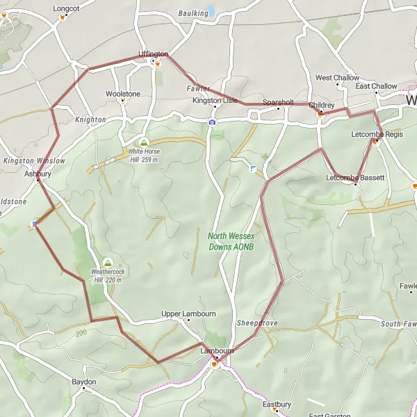 Map miniature of "Spectacular Scenic Journey across Lambourn, Uffington and Letcombe Regis" cycling inspiration in Berkshire, Buckinghamshire and Oxfordshire, United Kingdom. Generated by Tarmacs.app cycling route planner