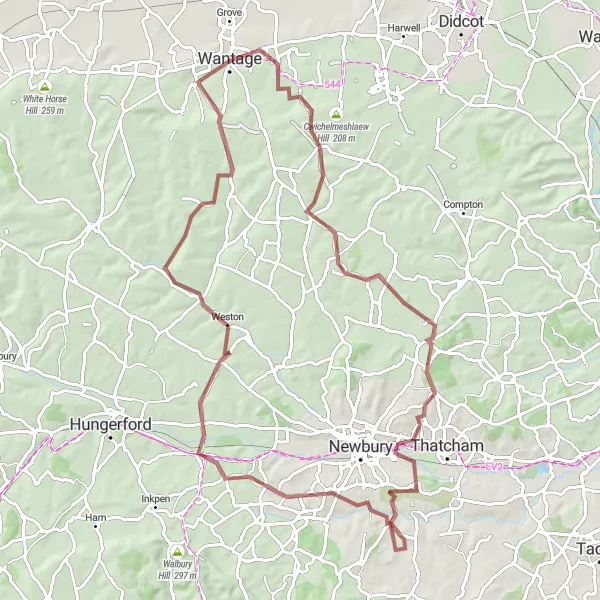 Map miniature of "Exploring Rural Berkshire by Gravel" cycling inspiration in Berkshire, Buckinghamshire and Oxfordshire, United Kingdom. Generated by Tarmacs.app cycling route planner
