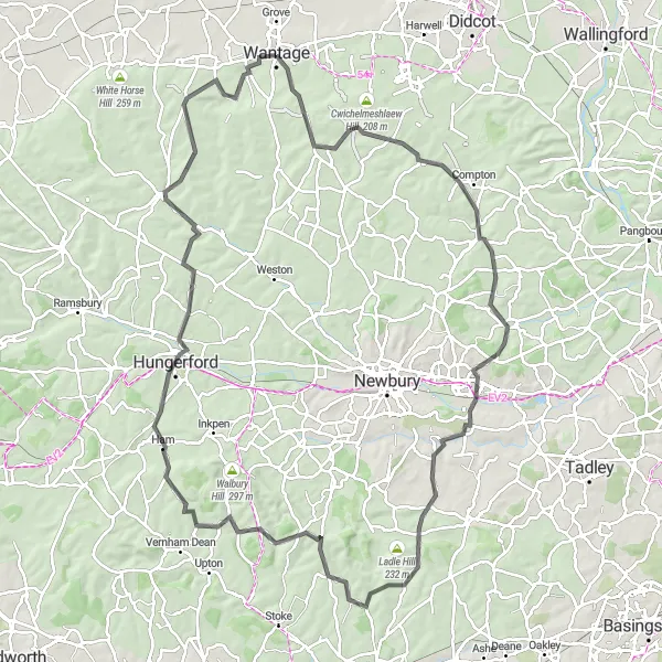 Map miniature of "The Hill Challenge" cycling inspiration in Berkshire, Buckinghamshire and Oxfordshire, United Kingdom. Generated by Tarmacs.app cycling route planner