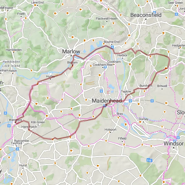 Map miniature of "The Gravel Loop: Wargrave and Surrounding Villages" cycling inspiration in Berkshire, Buckinghamshire and Oxfordshire, United Kingdom. Generated by Tarmacs.app cycling route planner