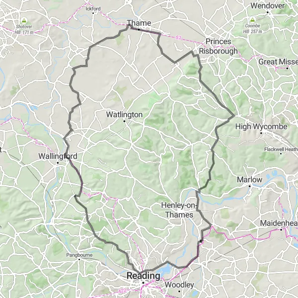 Map miniature of "Picturesque Oxfordshire Road Ride" cycling inspiration in Berkshire, Buckinghamshire and Oxfordshire, United Kingdom. Generated by Tarmacs.app cycling route planner