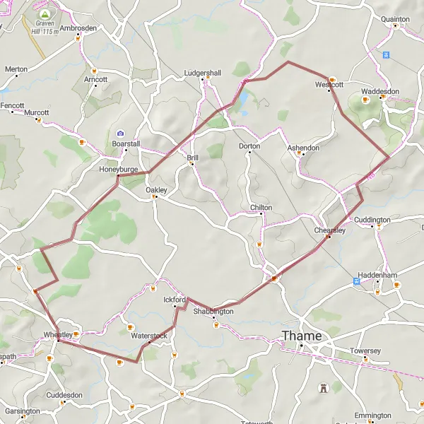 Map miniature of "Red Hill and Boarstall Tower Loop" cycling inspiration in Berkshire, Buckinghamshire and Oxfordshire, United Kingdom. Generated by Tarmacs.app cycling route planner